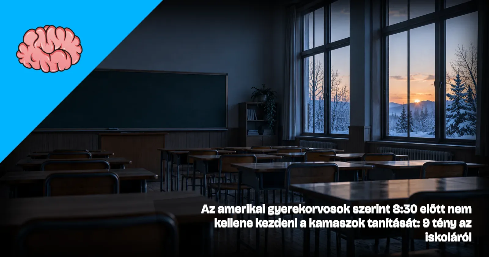 Generált illusztráció: üres osztályterem téli hajnalban, padokkal és üres táblával, a Gondoltad volna? arculatával és a cikk címével.