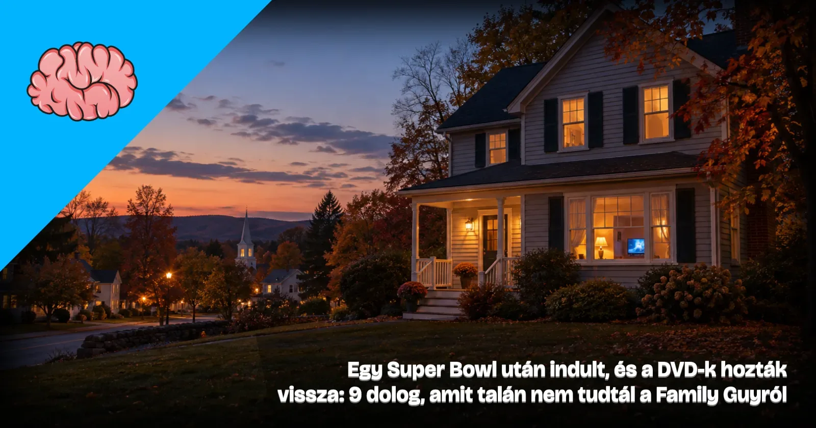 Generált illusztráció: kertvárosi faház alkonyatkor, az ablakban tévé fénye, a Gondoltad volna? arculatával és a cikk címével.