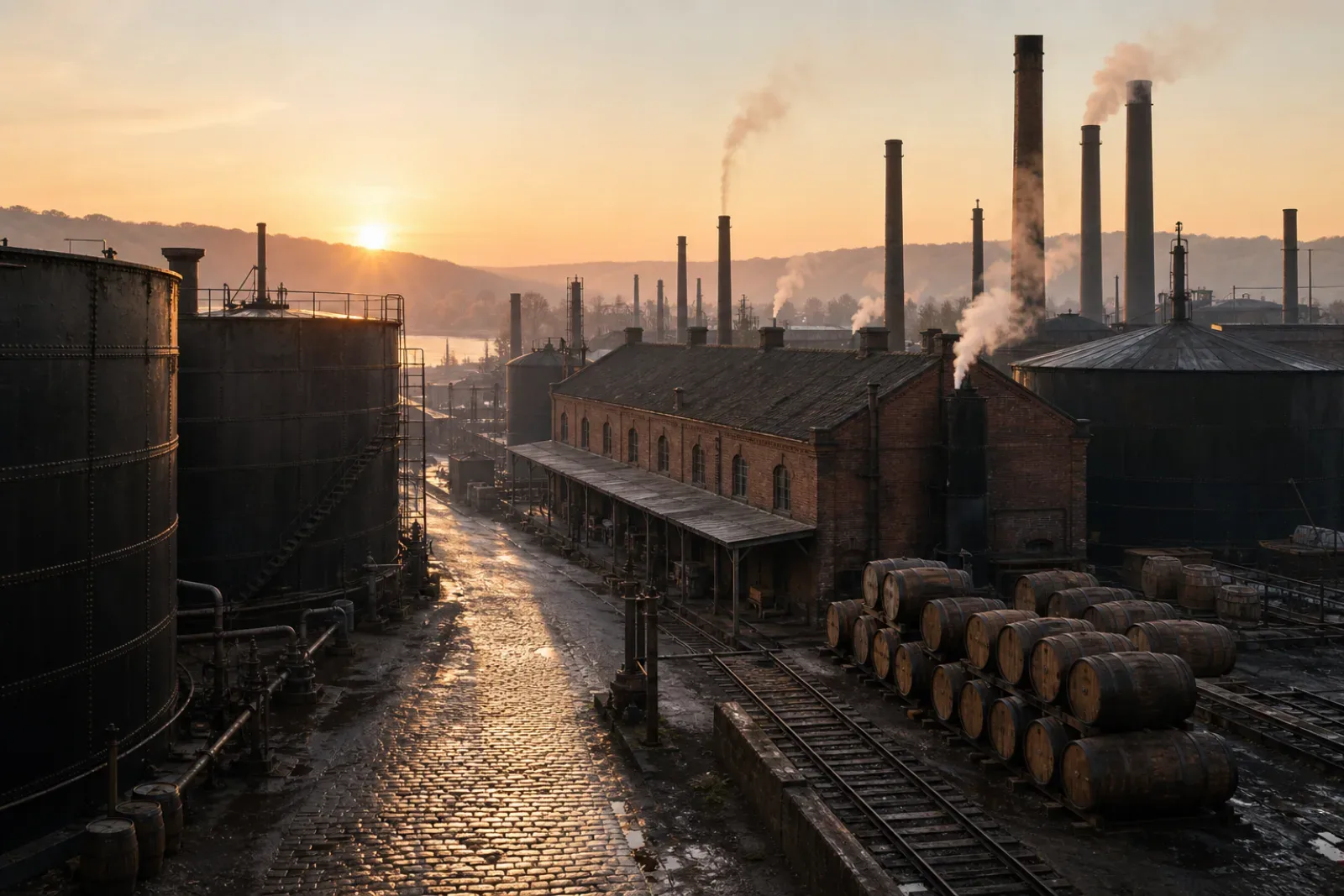 Generált illusztráció: 1880-as éveket idéző olajfinomító hajnalban, tartályokkal, téglagyárral és vasúti vágánnyal.