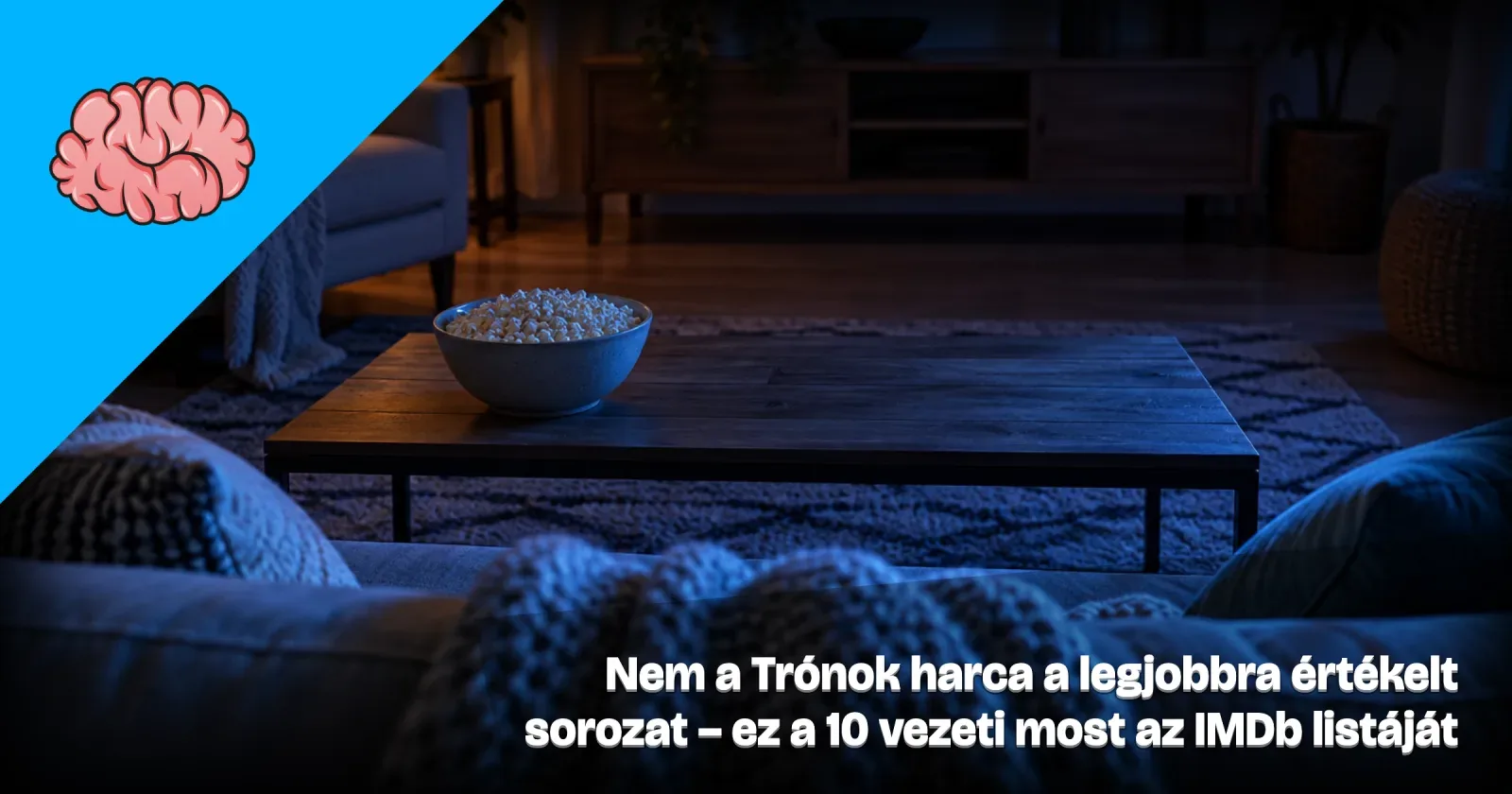 Generált illusztráció: esti nappali kanapéval, pléddel és pattogatott kukoricával, a képen kívül eső tévé kékes fényében.