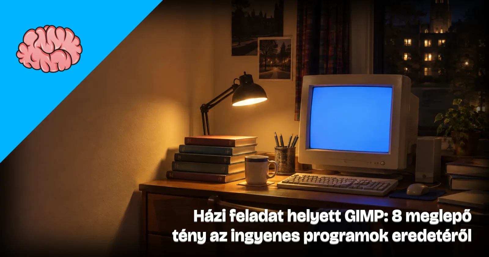 Generált illusztráció: régi, bézs színű számítógép kéken világító üres képernyővel egy 1990-es évekbeli diákszoba íróasztalán éjjel, lámpafényben, könyvekkel, a Gondoltad volna? arculatával és a cikk címével.
