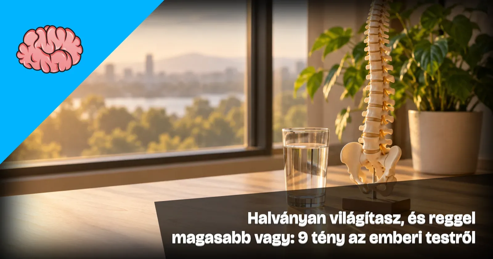 Generált illusztráció: az emberi gerinc anatómiai modellje, egy pohár víz és egy cserepes növény egy napfényes ablak előtti faasztalon, a Gondoltad volna? arculatával és a cikk címével.