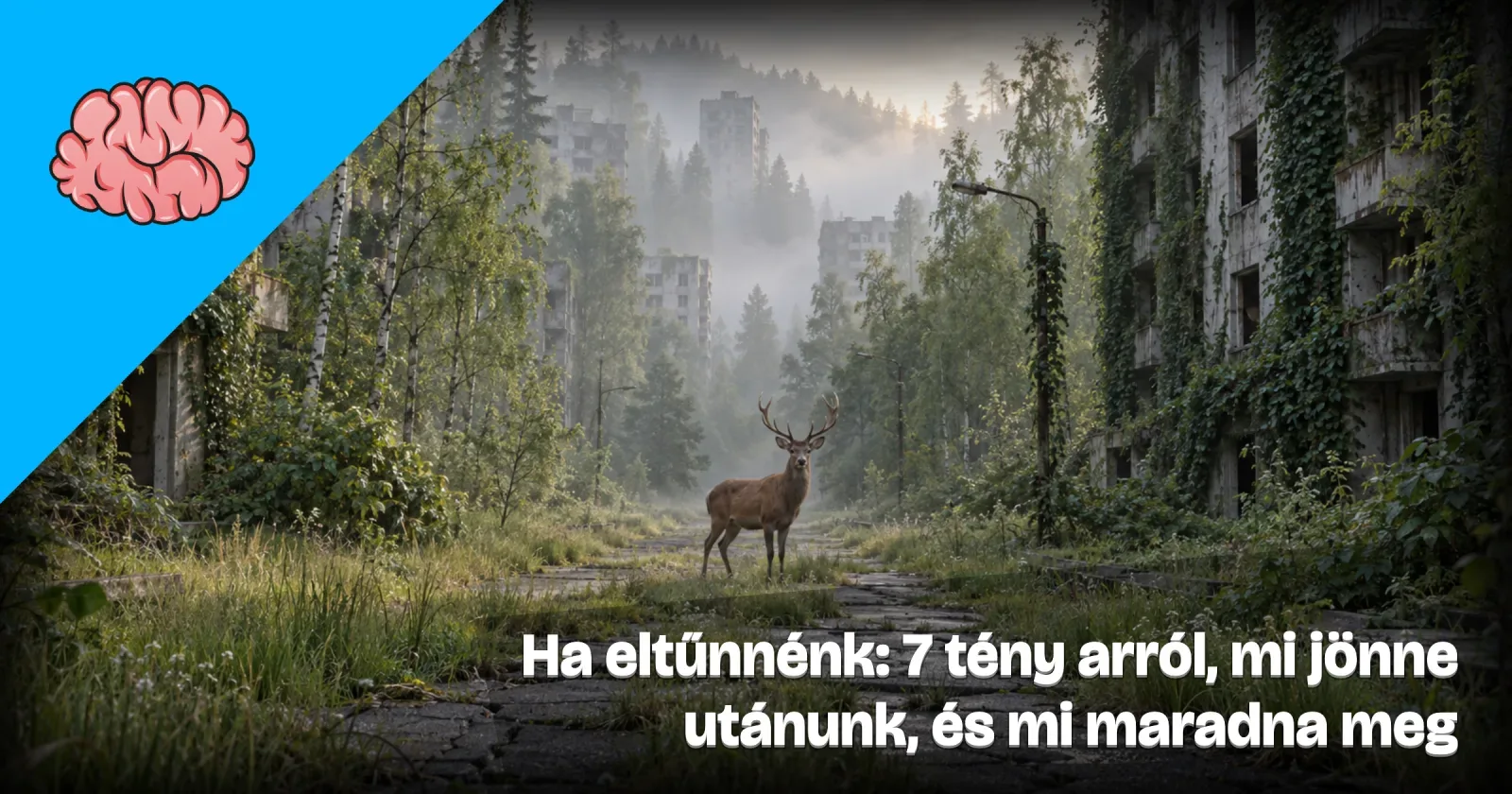 Generált illusztráció: elhagyatott városi sugárút, amelyet benőtt a fű és a fák, a repedt aszfalton egy szarvas áll a reggeli ködben.